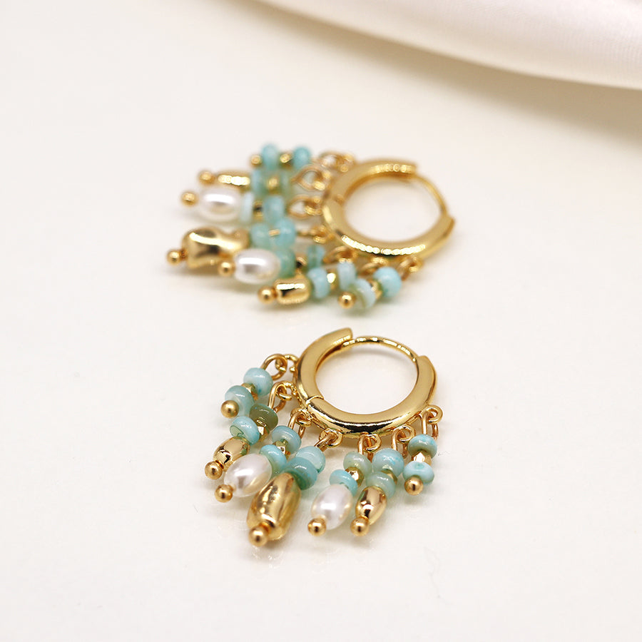 Aqua & Gold Beaded Hoop Earrings