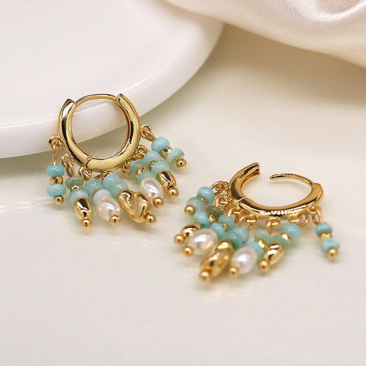 Aqua & Gold Beaded Hoop Earrings