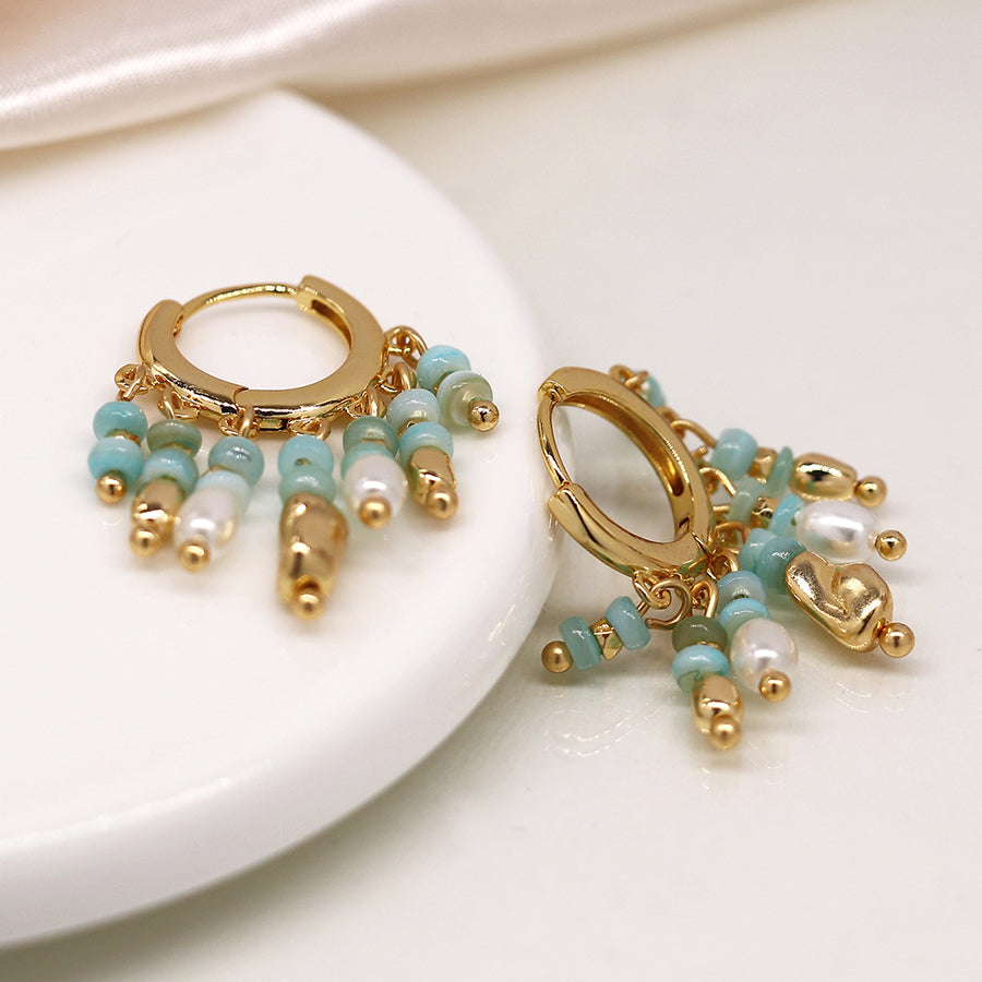 Aqua & Gold Beaded Hoop Earrings