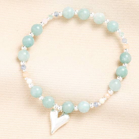 Green and Silver Beaded Bracelet with Heart Pendant