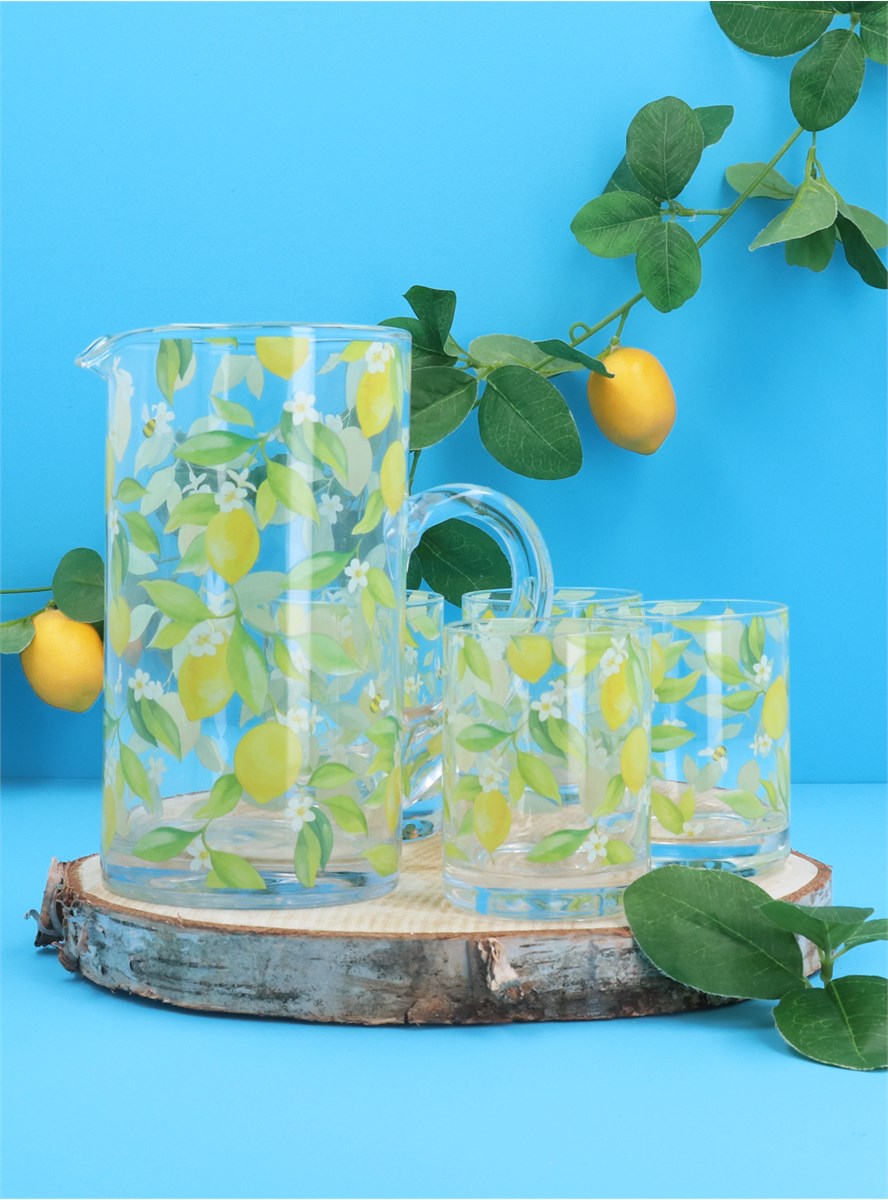 'Lemon & Blue Tits' Glass Jug