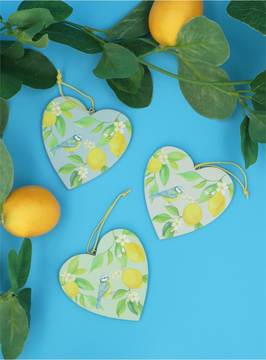 Set of 3 'Lemon & Blue Tits' Hearts