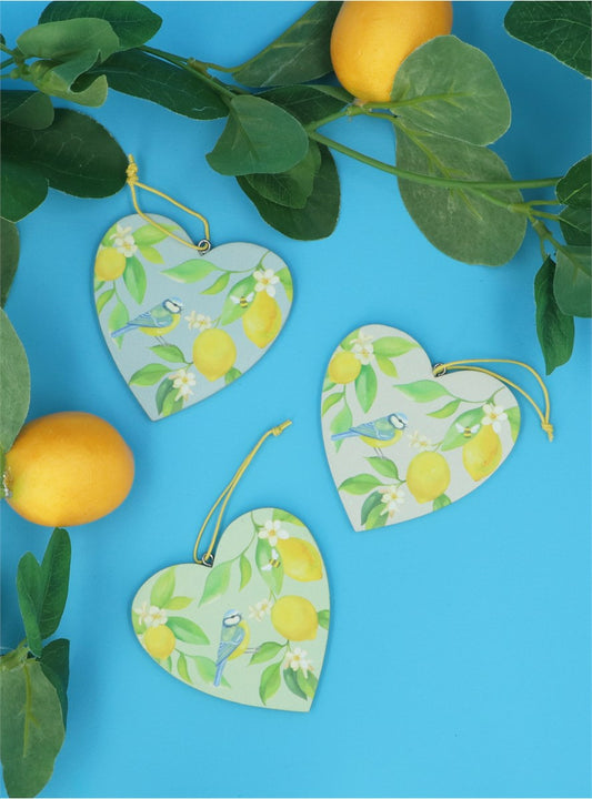 Set of 3 'Lemon & Blue Tits' Hearts