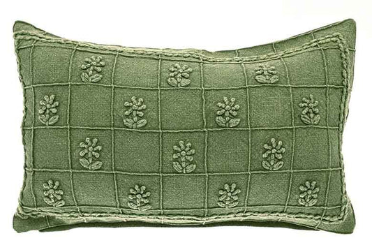Auricula Embroidered Cushion - Green