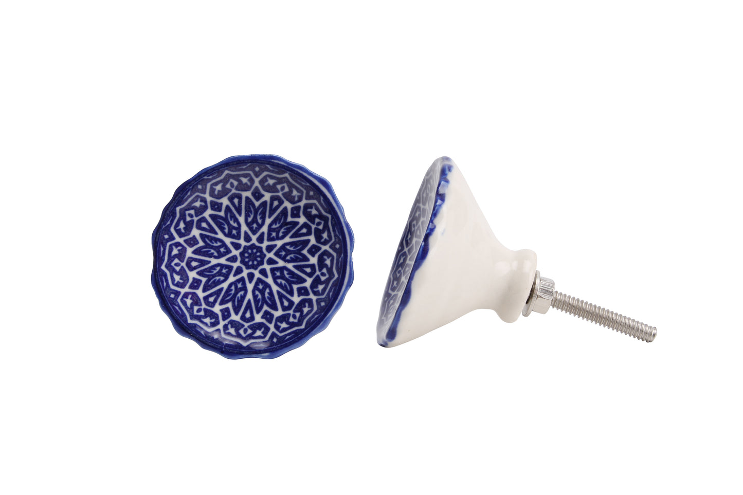 Round White & Blue Patterned Drawer Pull