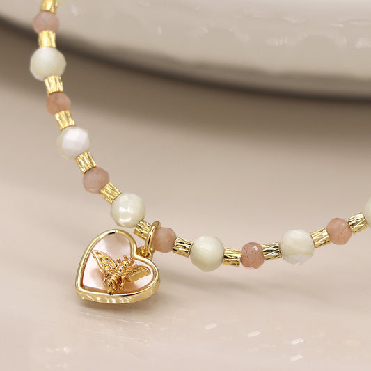Beaded Necklace With Heart & Bee Charm
