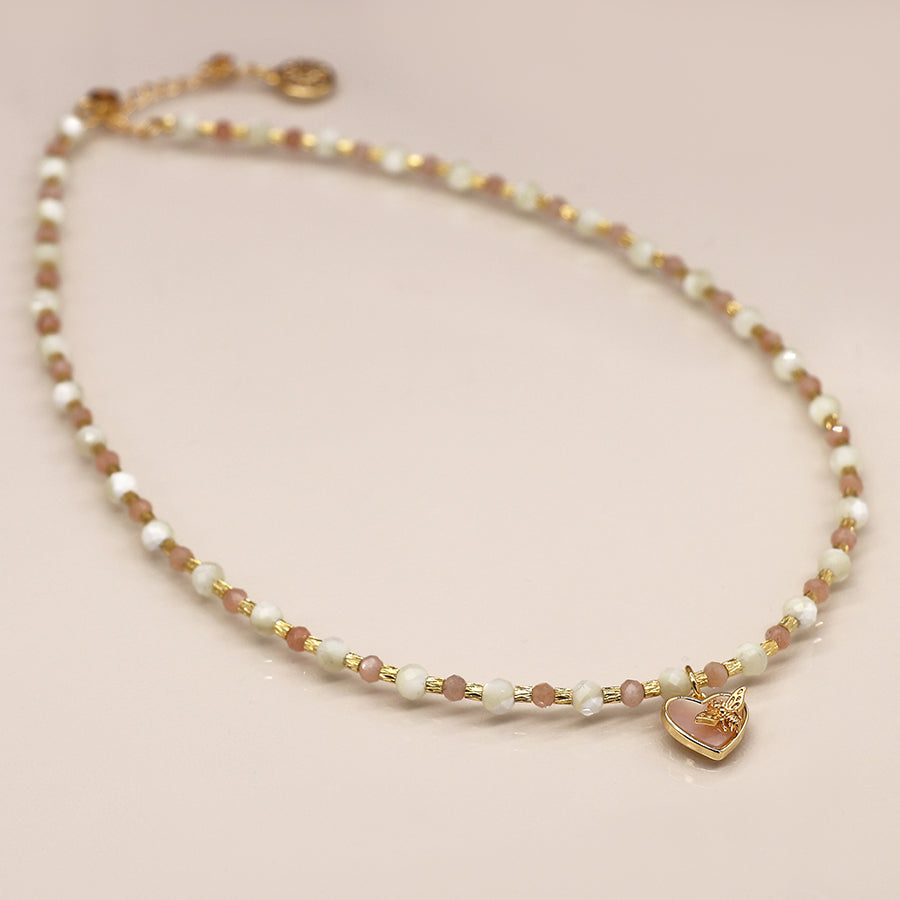 Beaded Necklace With Heart & Bee Charm