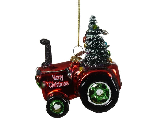 Glass Red Tractor With Christmas Tree