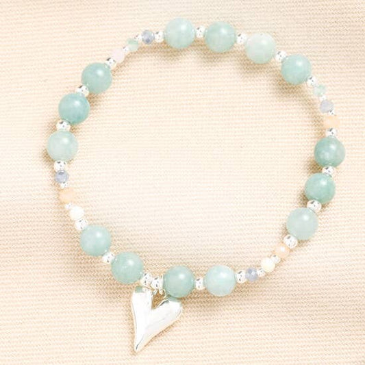 Green and Silver Beaded Bracelet with Heart Pendant