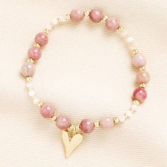 Pink and Gold Beaded Bracelet with Heart Pendant