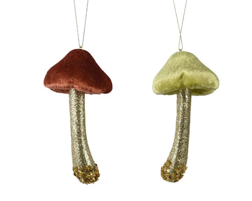 Set of 2 Glitter & Velvet Hanging Mushrooms