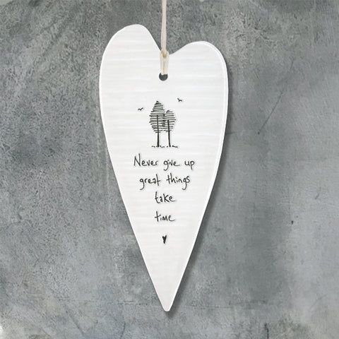 Porcelain Wobbly Long Heart - 'Never Give Up'