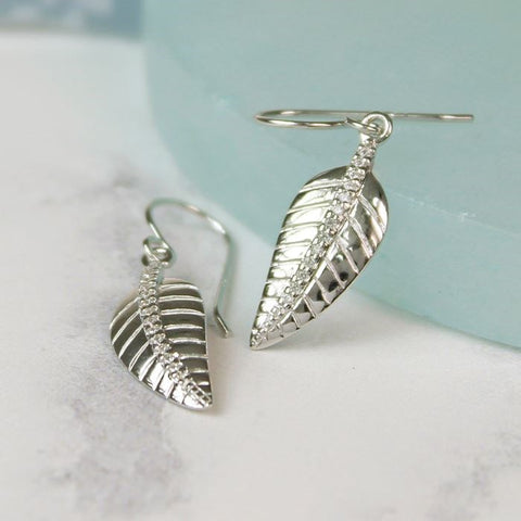 Silver Leaf Earrings With CZ Crystals